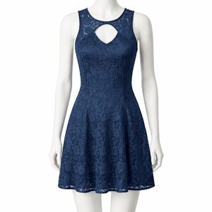 Trixxi Navy Blue Floral Lace Fit & Flare Keyhole Back Dress Women's Medium